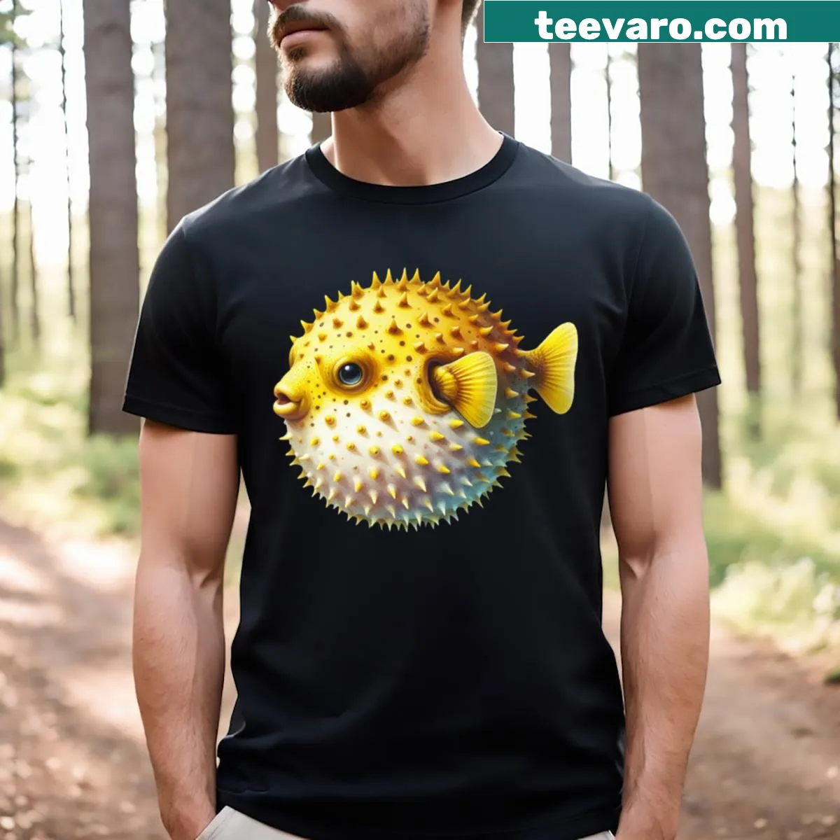 Illustrated T-shirt featuring a pufferfish graphic for fish lovers — on a men's t-shirt