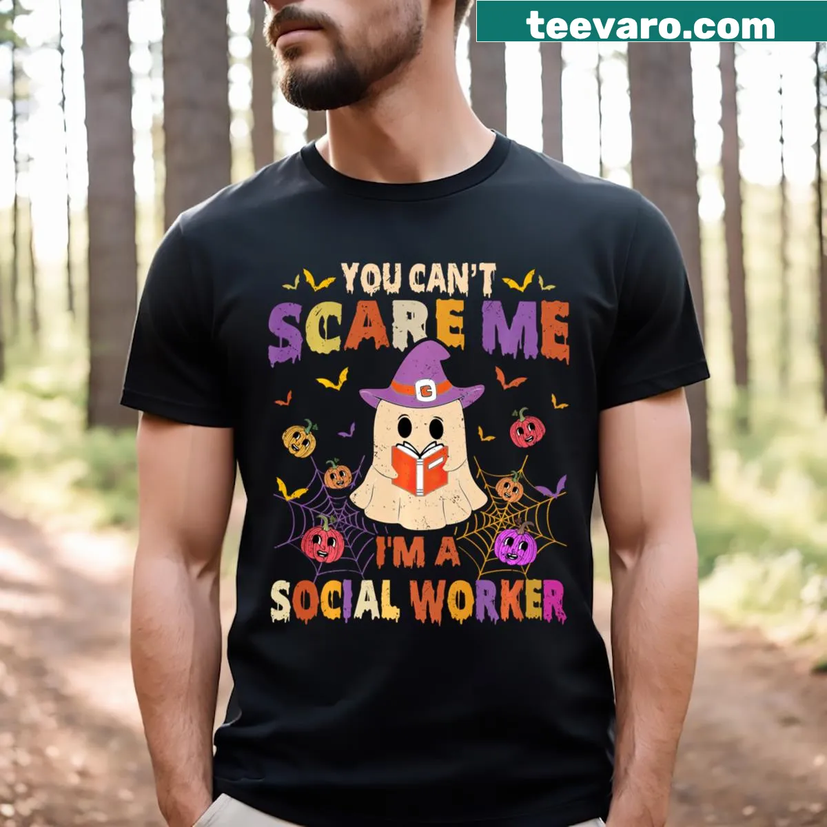 Funny Halloween shirt for social workers reading 'You Can't Scare Me, I'm a Social Worker' — on a men's t-shirt