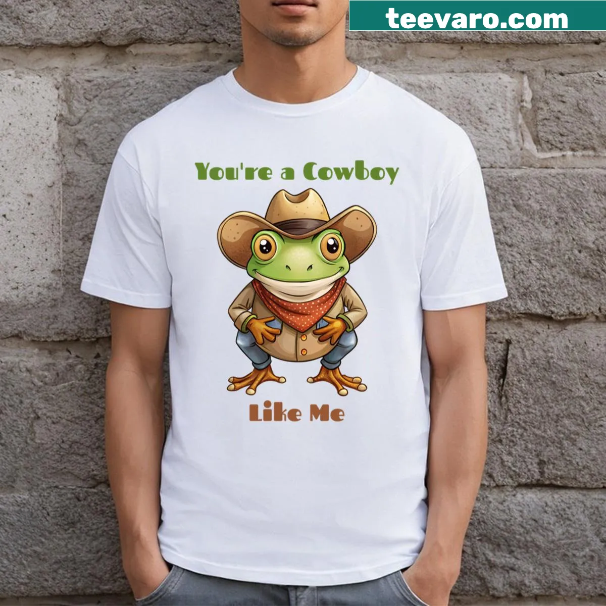 Cartoon cowboy frog illustration on a kids T-shirt — on a men's t-shirt