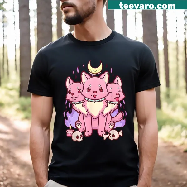 Kawaii Cerberus T-shirt featuring a cute three-headed dog