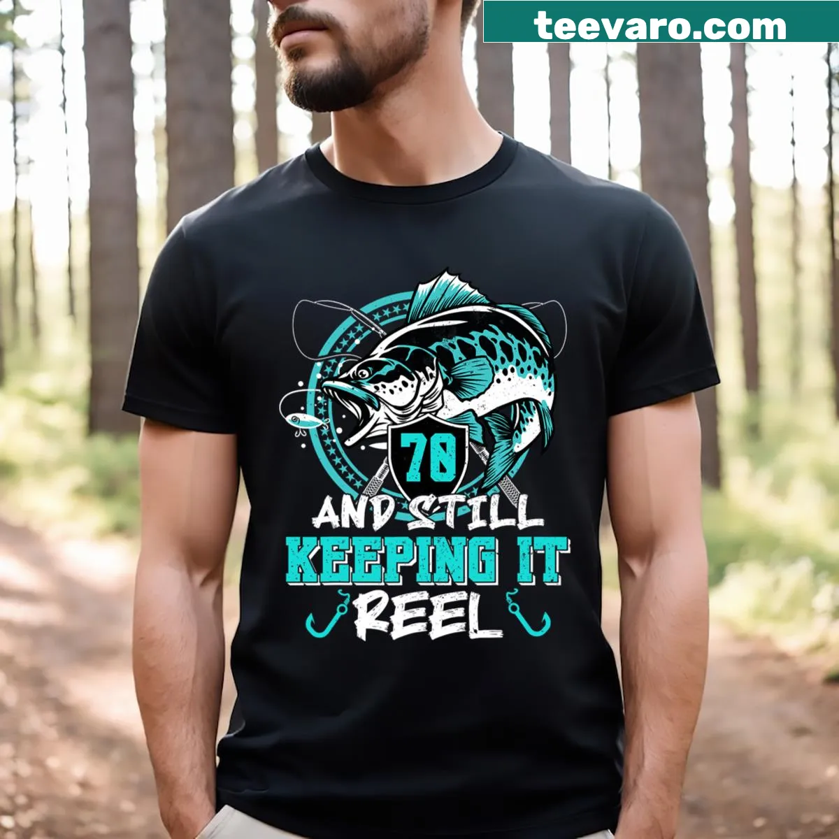 Funny fishing T-shirt for 70th birthday with 'Still Keeping It Reel' — on a men's t-shirt