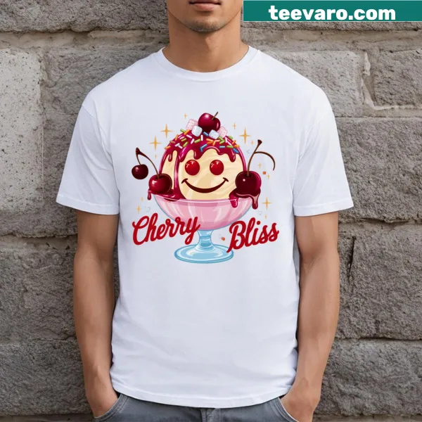 Whimsical cherry sundae illustration on a fun t-shirt, celebrating dessert