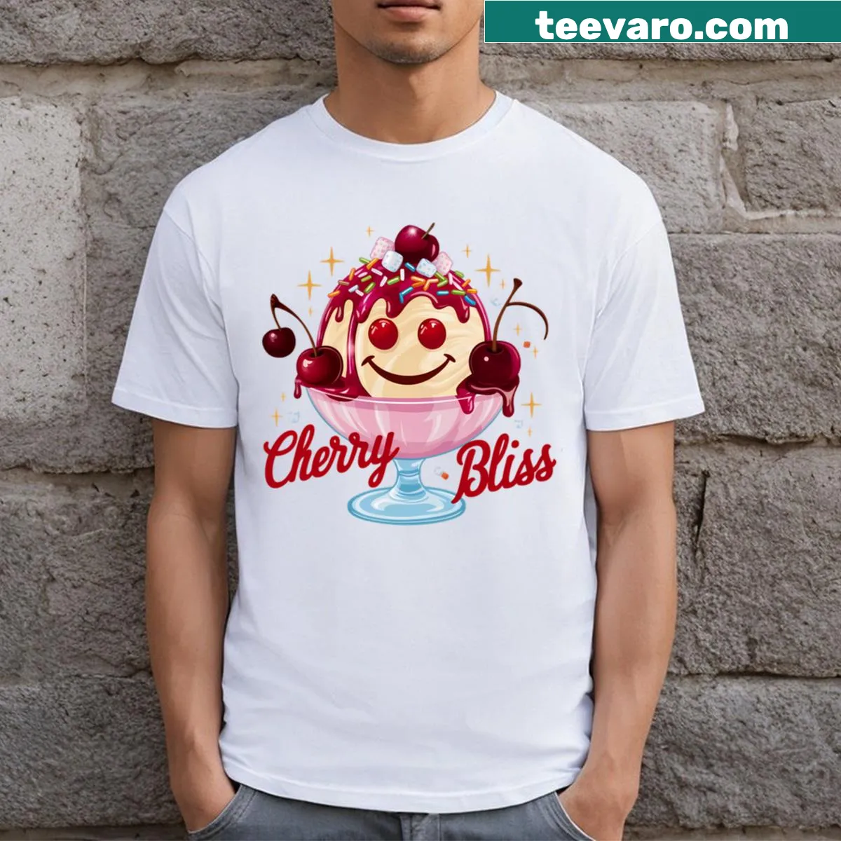 Whimsical cherry sundae illustration on a fun t-shirt, celebrating dessert — on a men's t-shirt