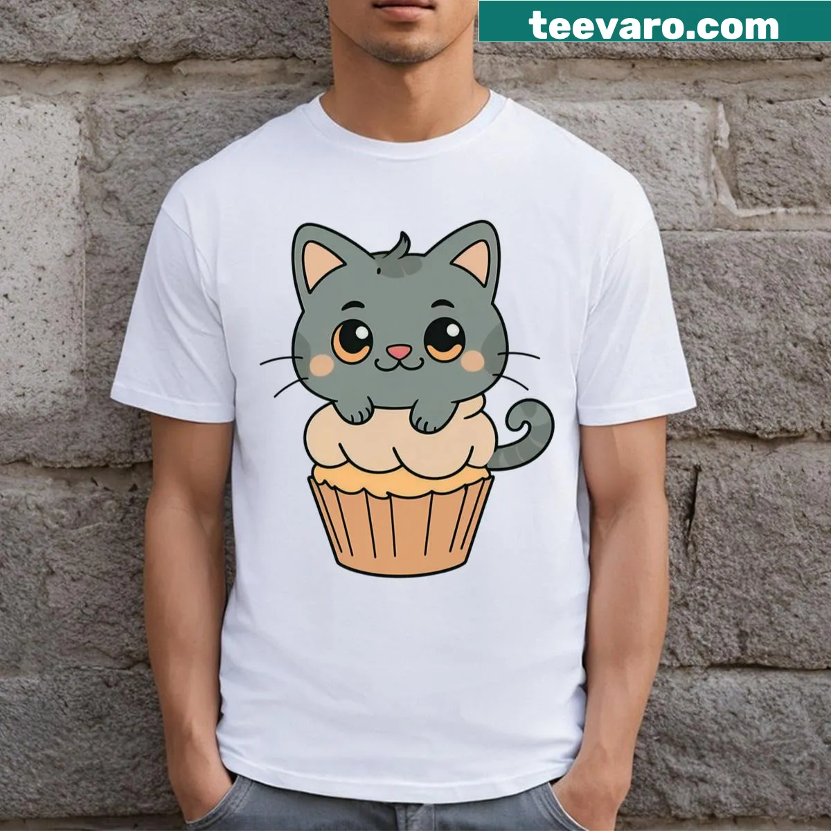 Cute gray cat sitting on a cupcake graphic T-shirt — on a men's t-shirt