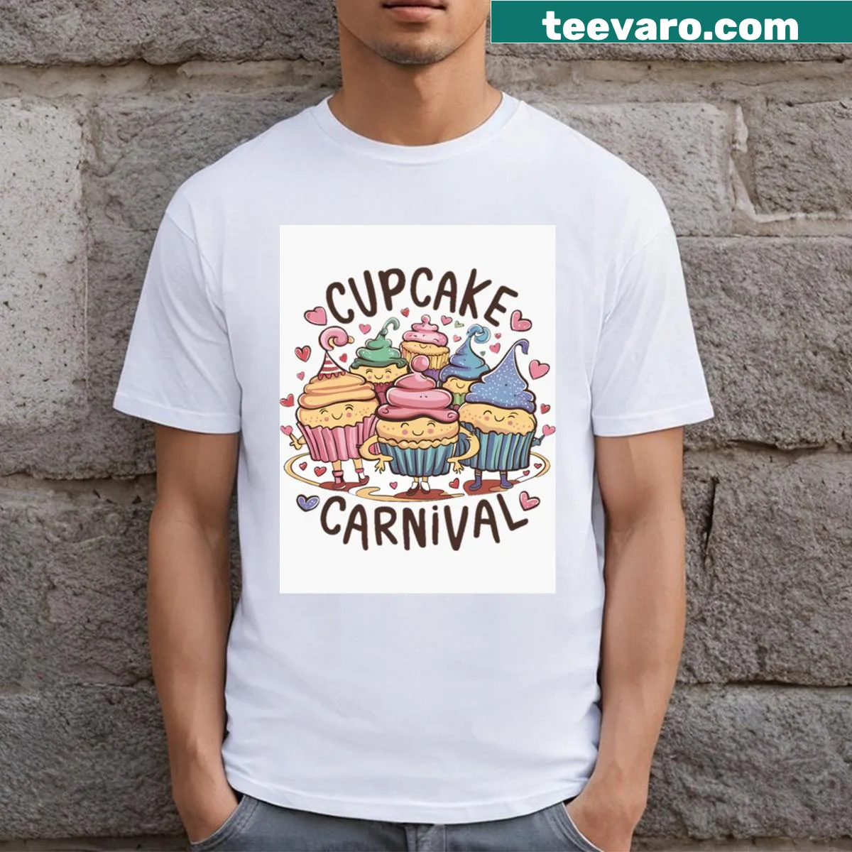 Illustrated cupcakes graphic T-shirt design celebrating desserts — on a men's t-shirt