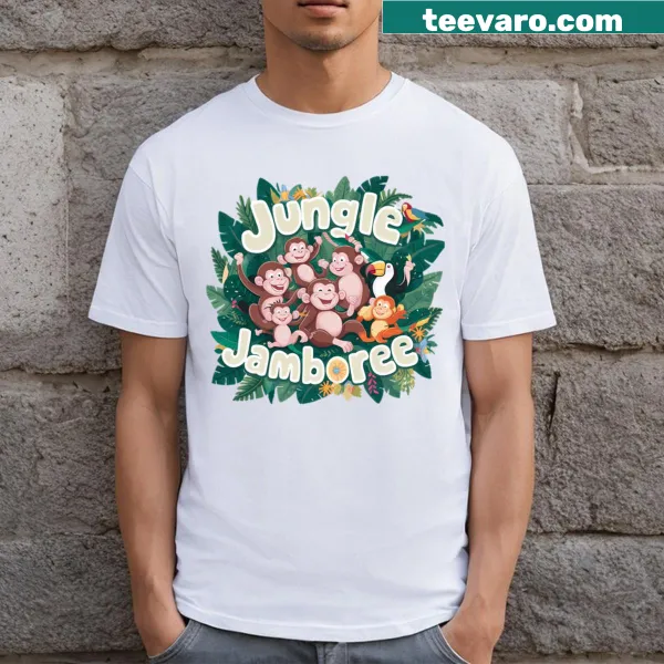 Playful jungle animals cartoon graphic T-shirt design