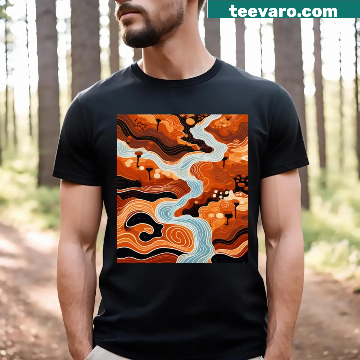 T-shirt with Aboriginal art depicting river pathways — on a men's t-shirt