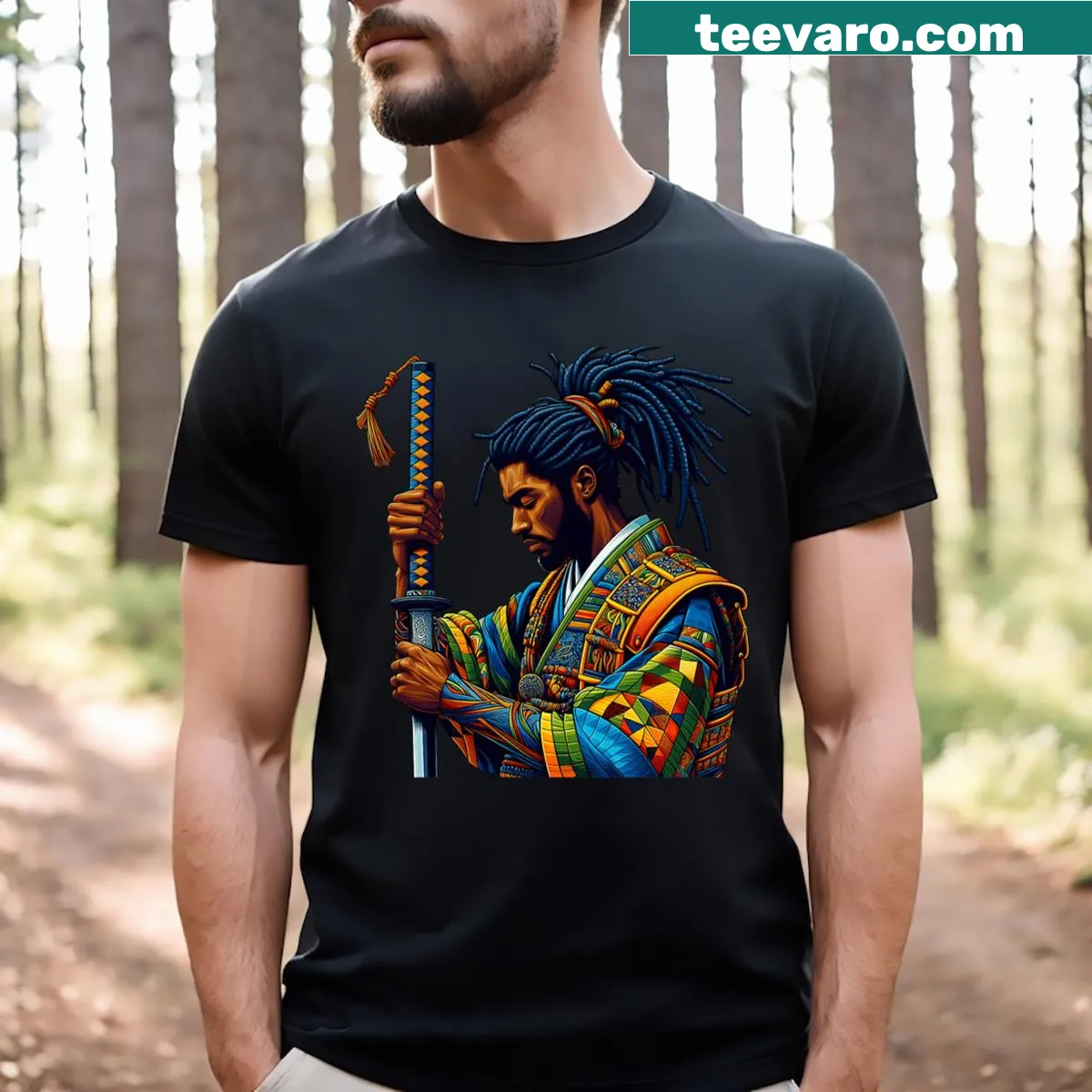 Anime T-shirt featuring an Afro American samurai character — on a men's t-shirt