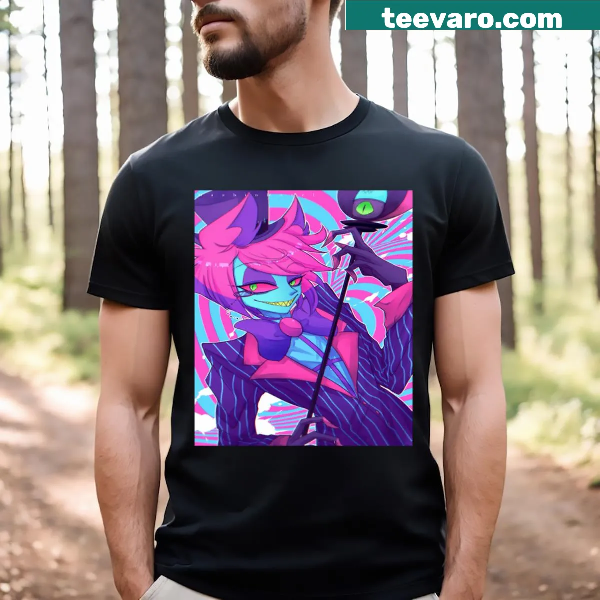 Alastor character graphic from Hazbin Hotel on a T-shirt — on a men's t-shirt