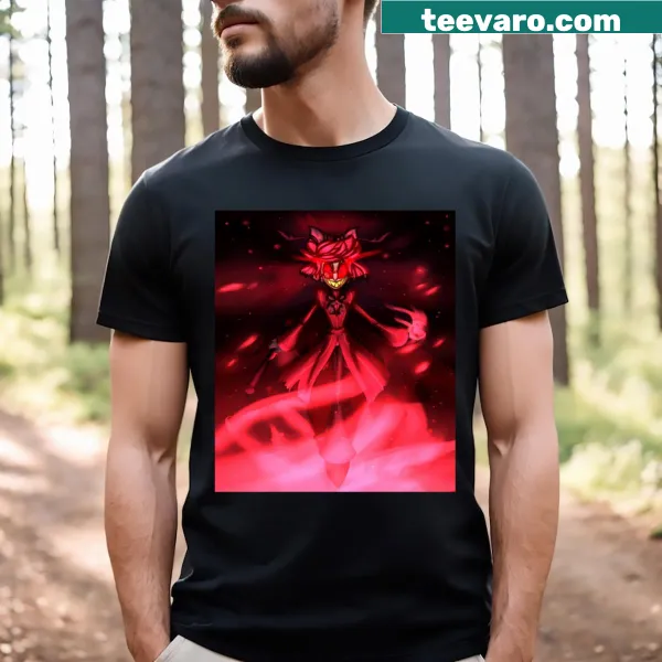 Alastor from Hazbin Hotel illustrated on a t-shirt.