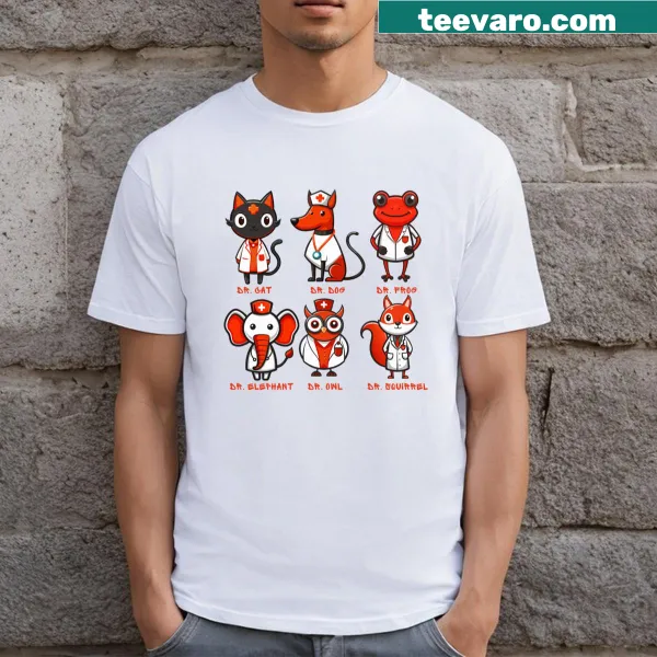 Illustrative t-shirt featuring animals and the phrase 'Animal Doctors Unite'.