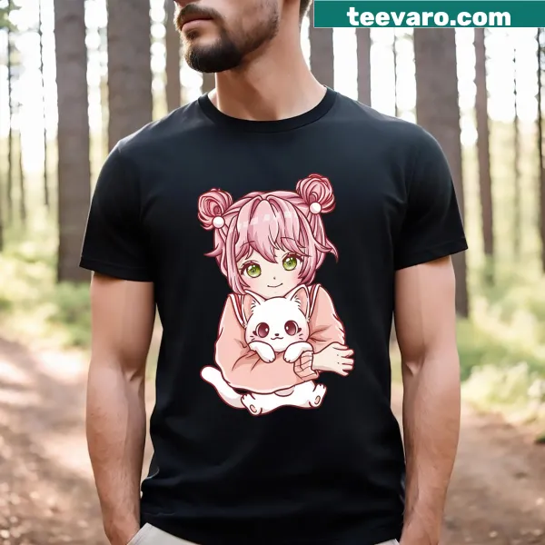 Kawaii anime girl surrounded by playful cats graphic