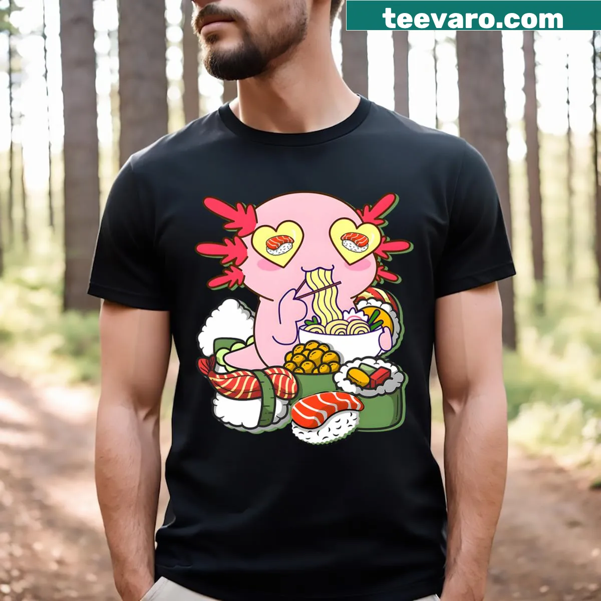 Kawaii axolotl eating ramen graphic on kids' t-shirt — on a men's t-shirt