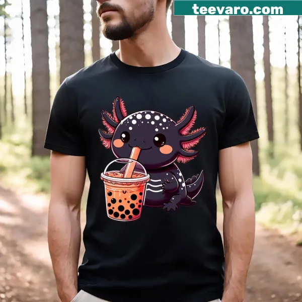 Kids t-shirt featuring a cute black melanoid axolotl drinking bubble boba tea.