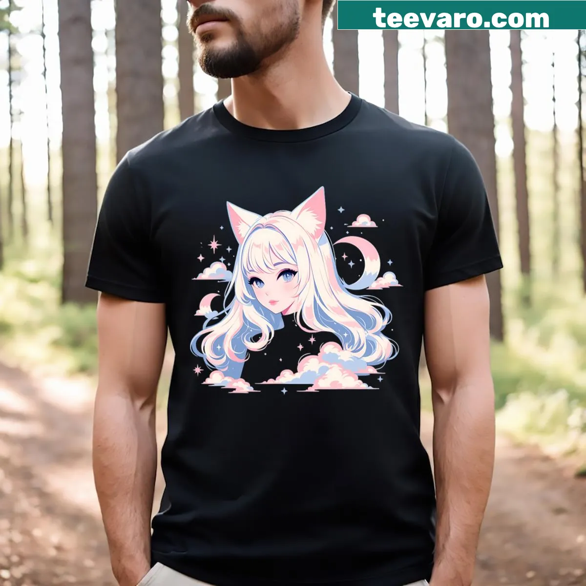 Cute retro anime cat girl graphic design — on a men's t-shirt