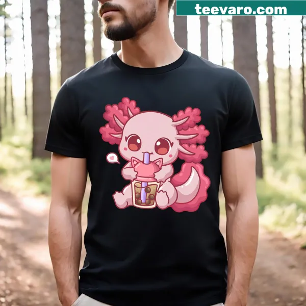 T-shirt featuring an adorable axolotl drinking boba tea.