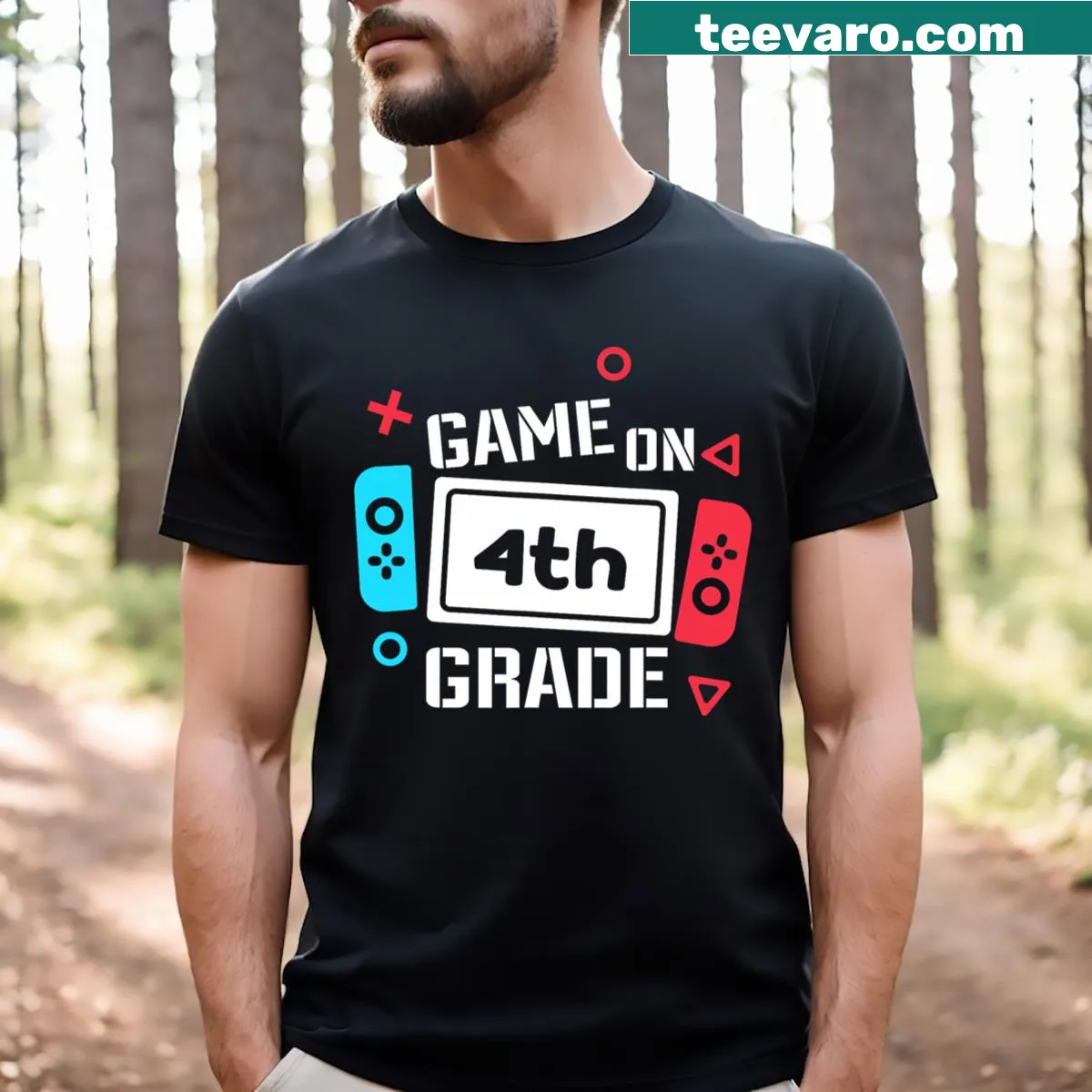 Funny gamer t-shirt for 4th grade kids with Game On slogan — on a men's t-shirt