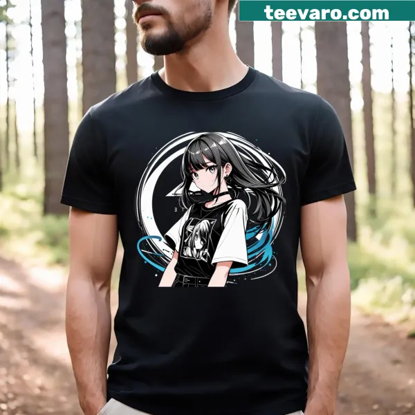 Illustrated T-shirt featuring charming anime characters in various poses