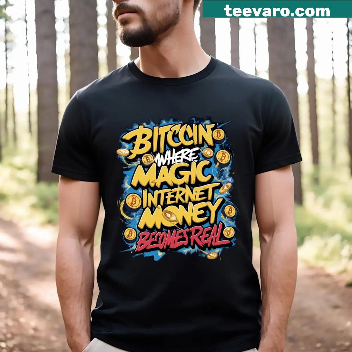 Bitcoin-themed t-shirt with humorous cryptocurrency slogan — on a men's t-shirt