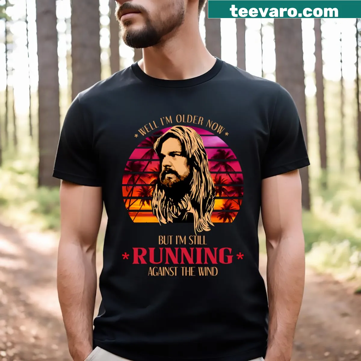 T-shirt featuring Bob Seger lyrics Running Against The Wind — on a men's t-shirt