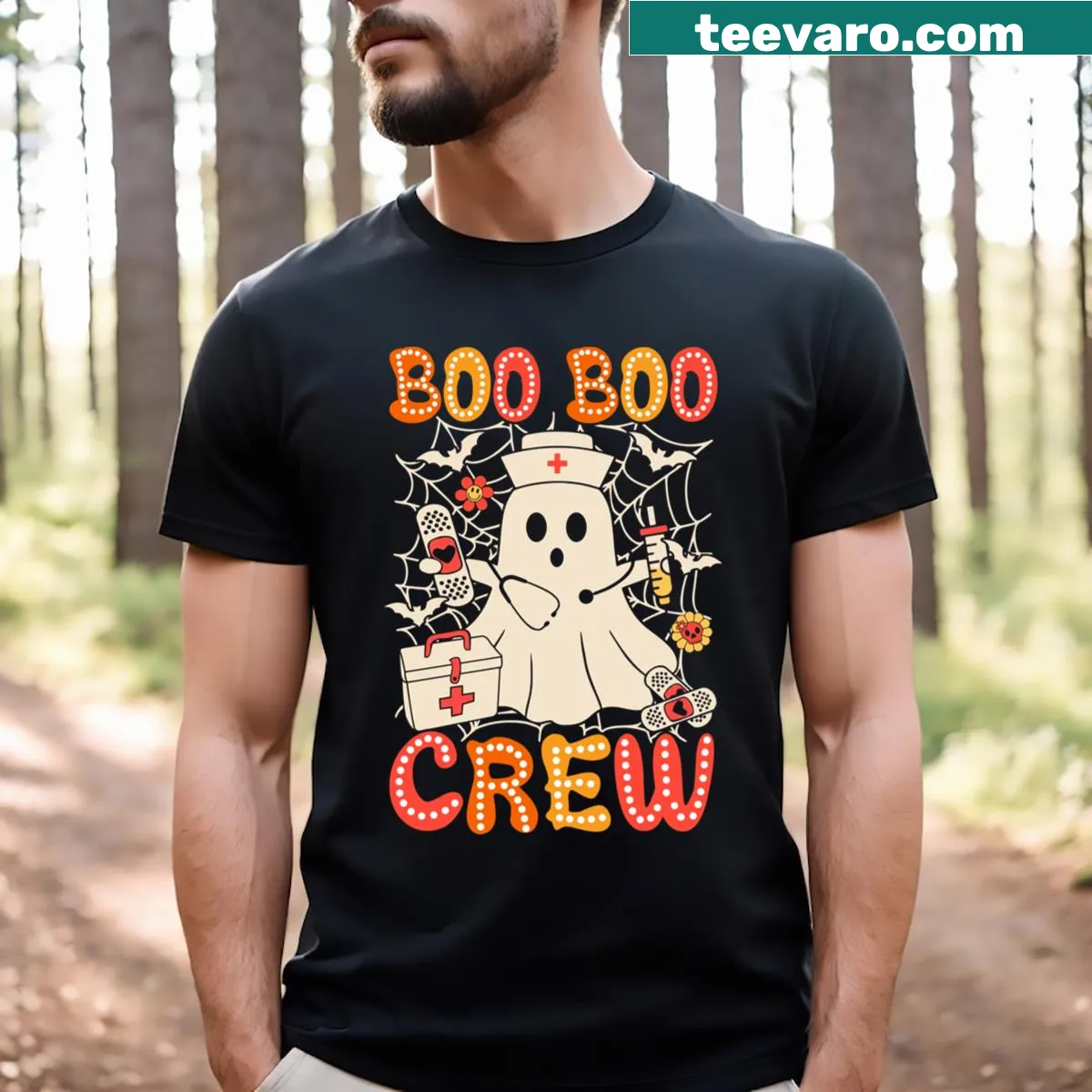 Cute Halloween t-shirt for nurses with ghost graphics — on a men's t-shirt