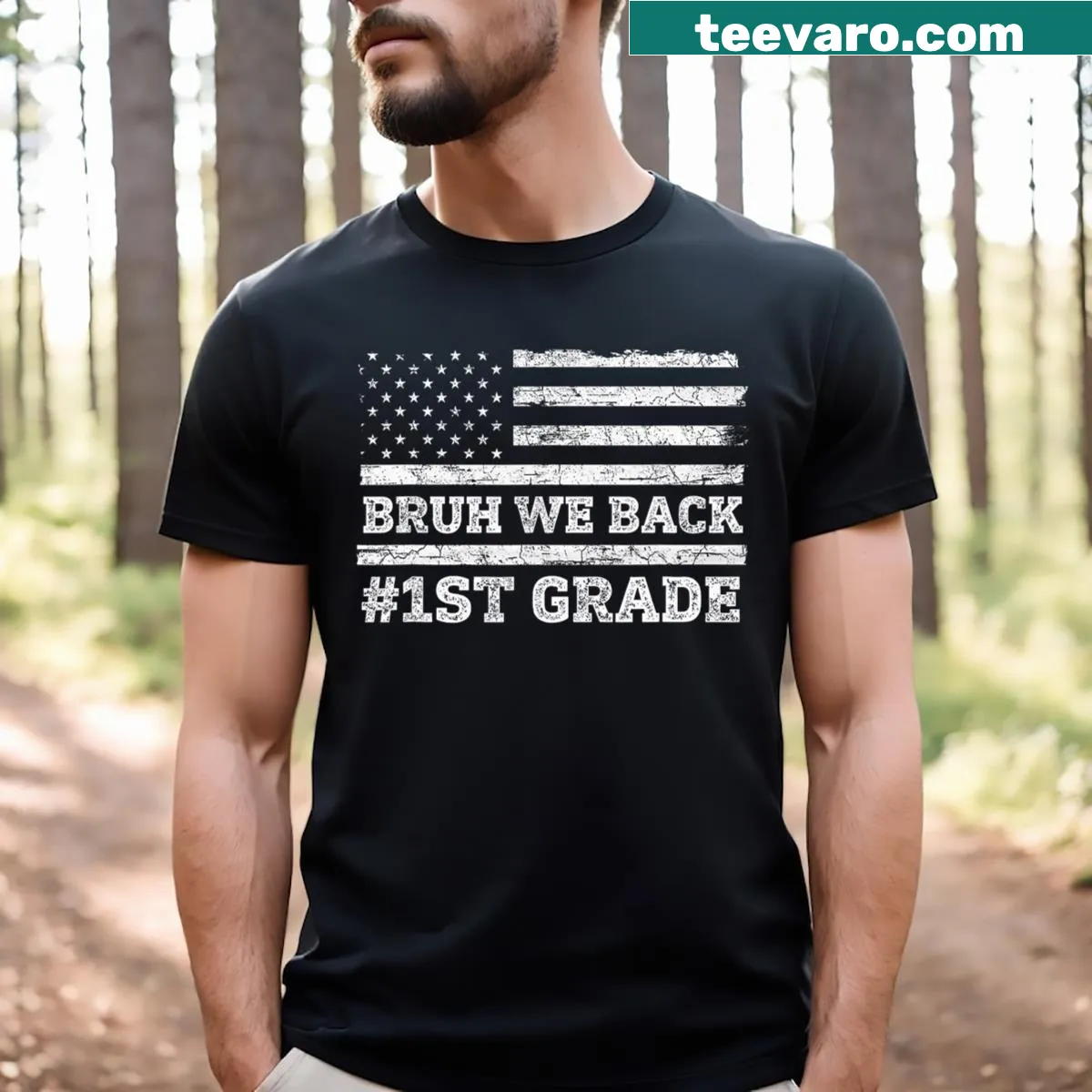 Patriotic T-shirt with 'Bruh We Back' and American flag design — on a men's t-shirt