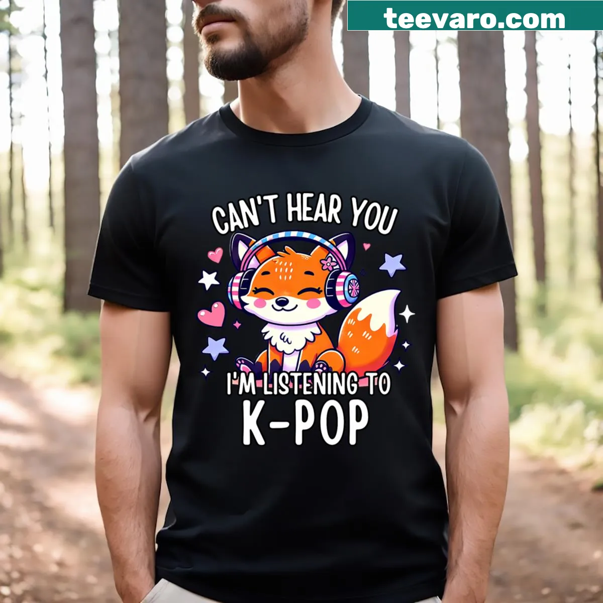 T-shirt with 'Cant Hear You Im Listening' and fox graphic for K-Pop fans — on a men's t-shirt