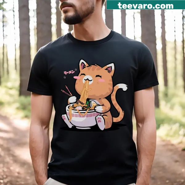 Cute T-shirt featuring a kawaii cat with a ramen bowl in a cartoon style