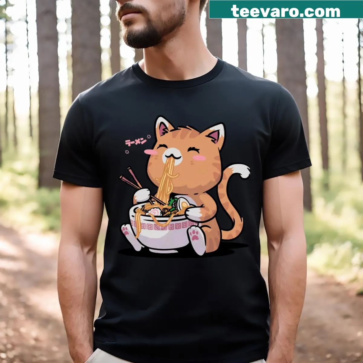 Cute T-shirt featuring a kawaii cat with a ramen bowl in a cartoon style — on a men's t-shirt