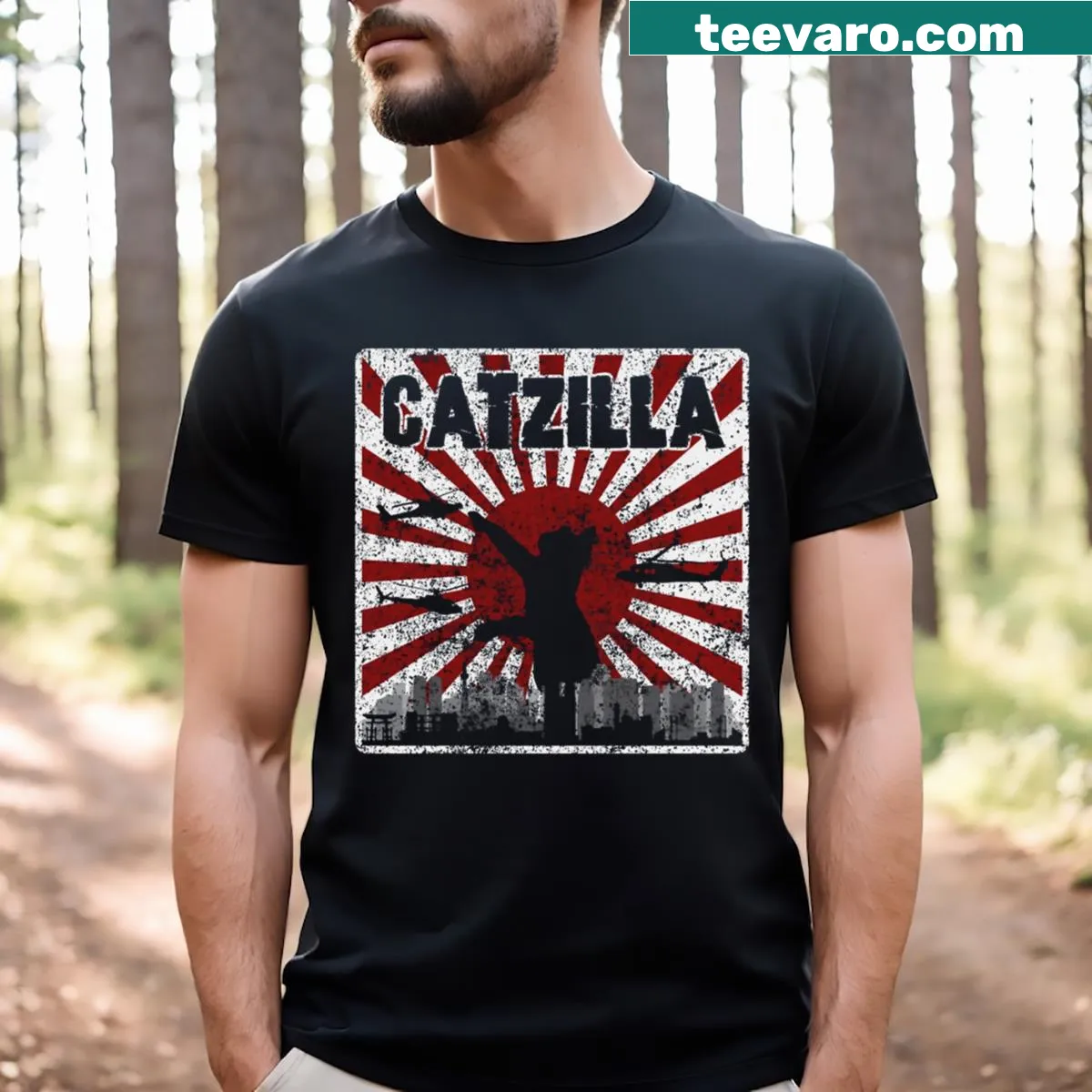 Catzilla cat graphic against a sunset on vintage t-shirt — on a men's t-shirt