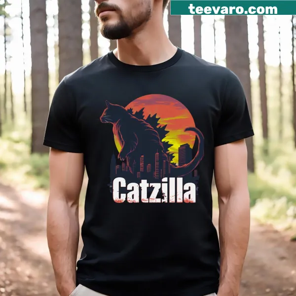 Playful T-shirt featuring a cartoon Catzilla graphic