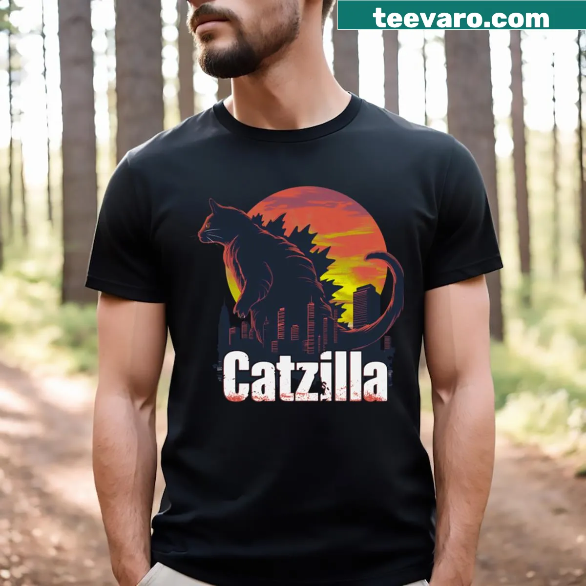 Playful T-shirt featuring a cartoon Catzilla graphic — on a men's t-shirt
