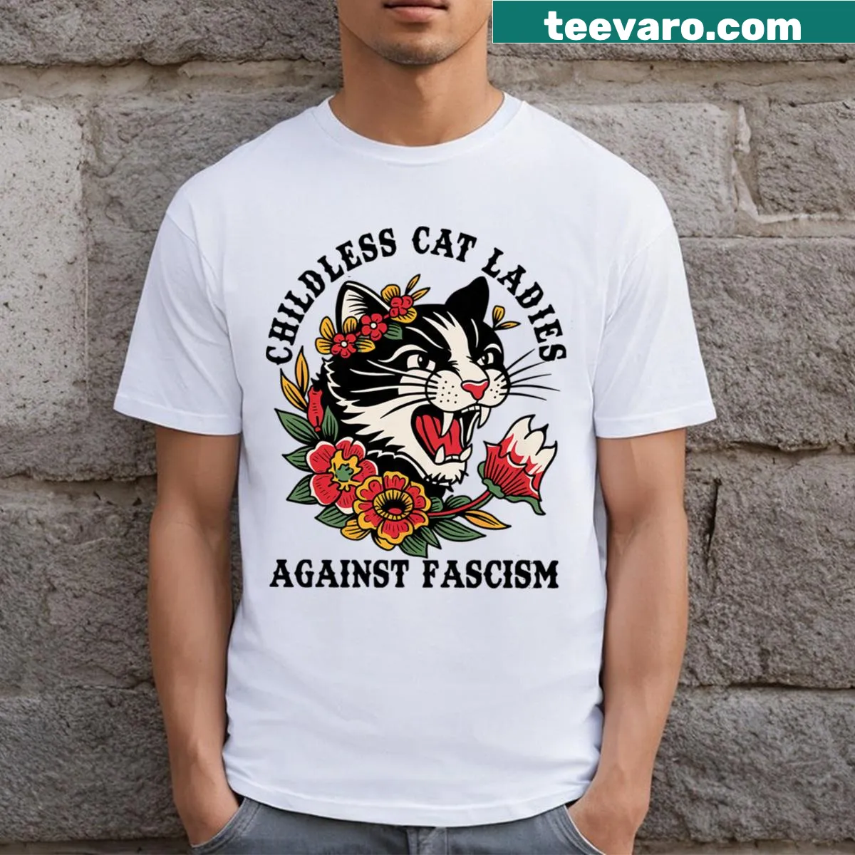 Feminist T-shirt with the phrase 'Childless Cat Ladies Against Fascism' — on a men's t-shirt