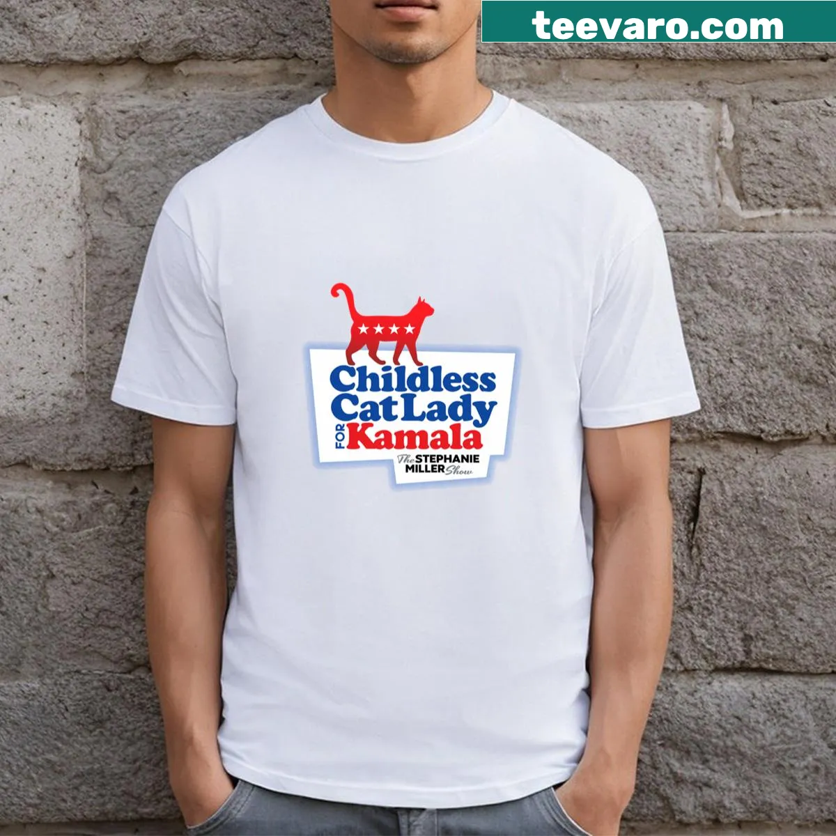 Funny T-shirt for cat ladies supporting Kamala Harris — on a men's t-shirt