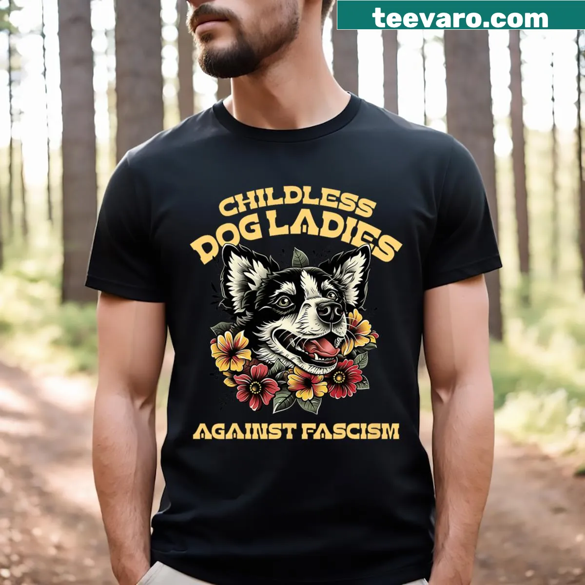 Bold typography t-shirt against fascism, supporting childless cat ladies. — on a men's t-shirt