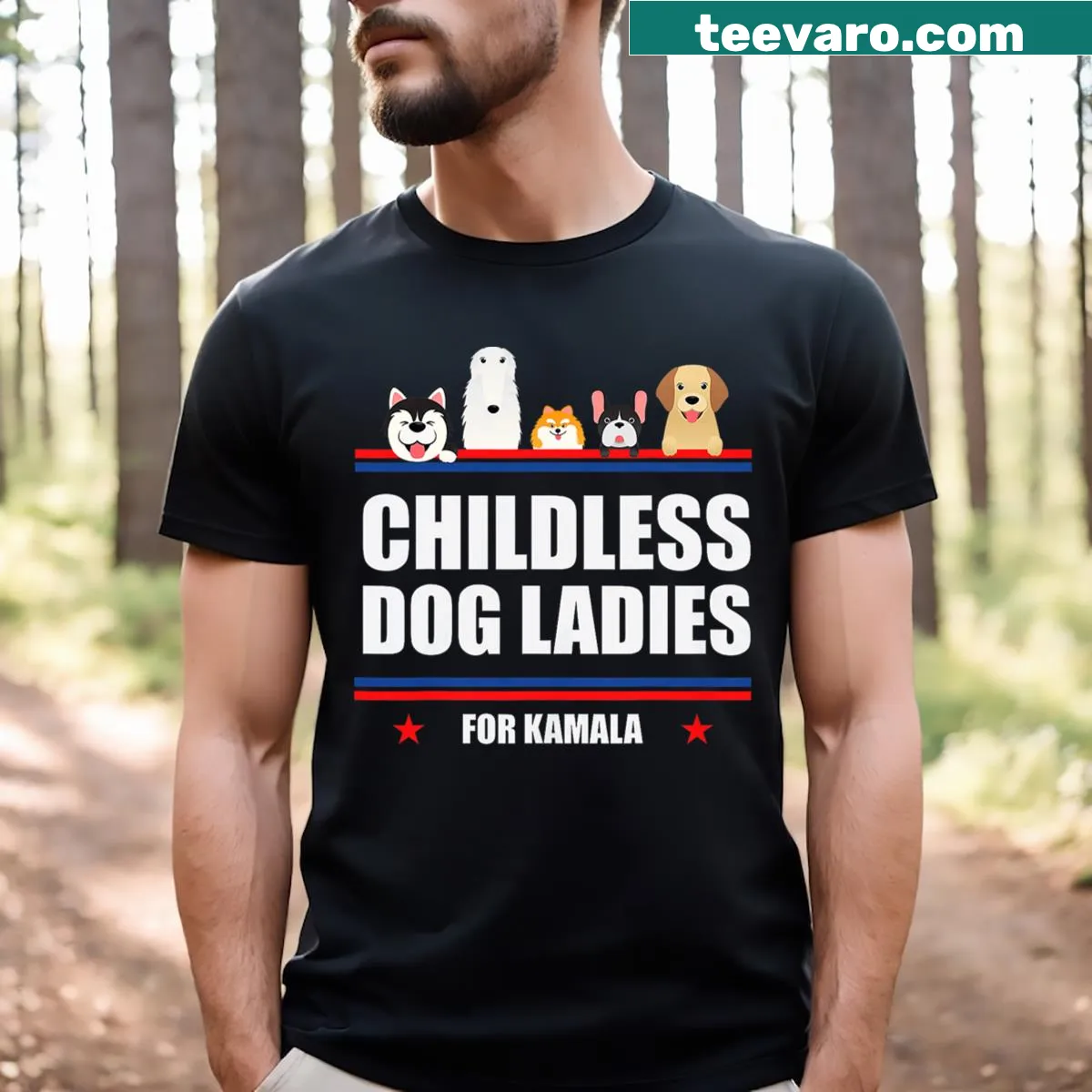 Inspirational t-shirt featuring dog graphics and Kamala voting theme. — on a men's t-shirt
