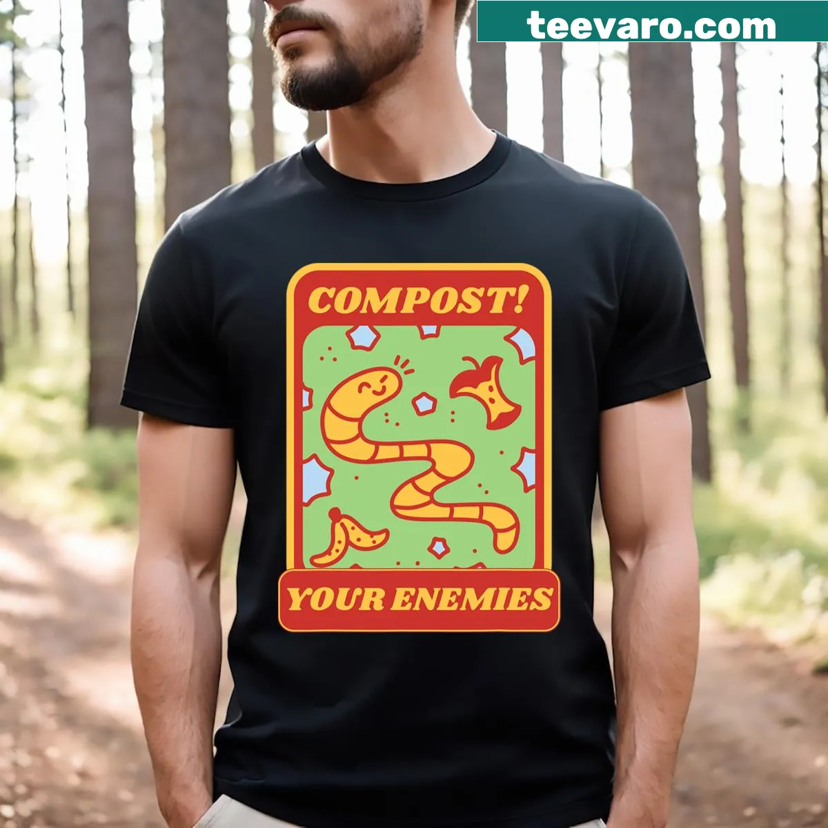 Funny gardening T-shirt with 'Compost Your Enemies' text — on a men's t-shirt
