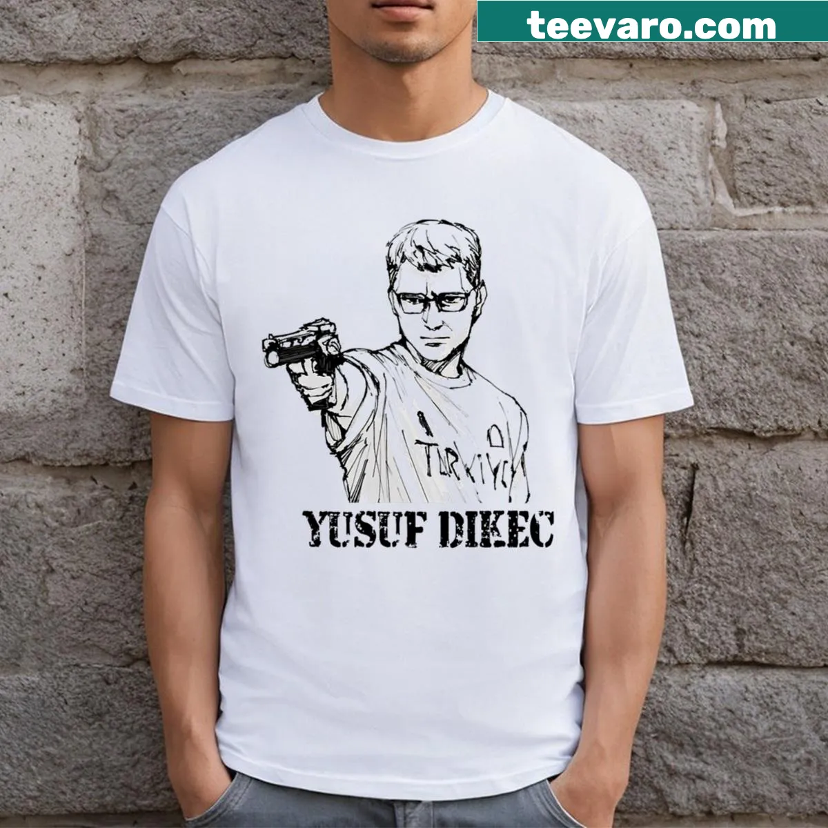 T-shirt featuring the phrase 'Cool Yusuf Dikec' in stylish typography — on a men's t-shirt