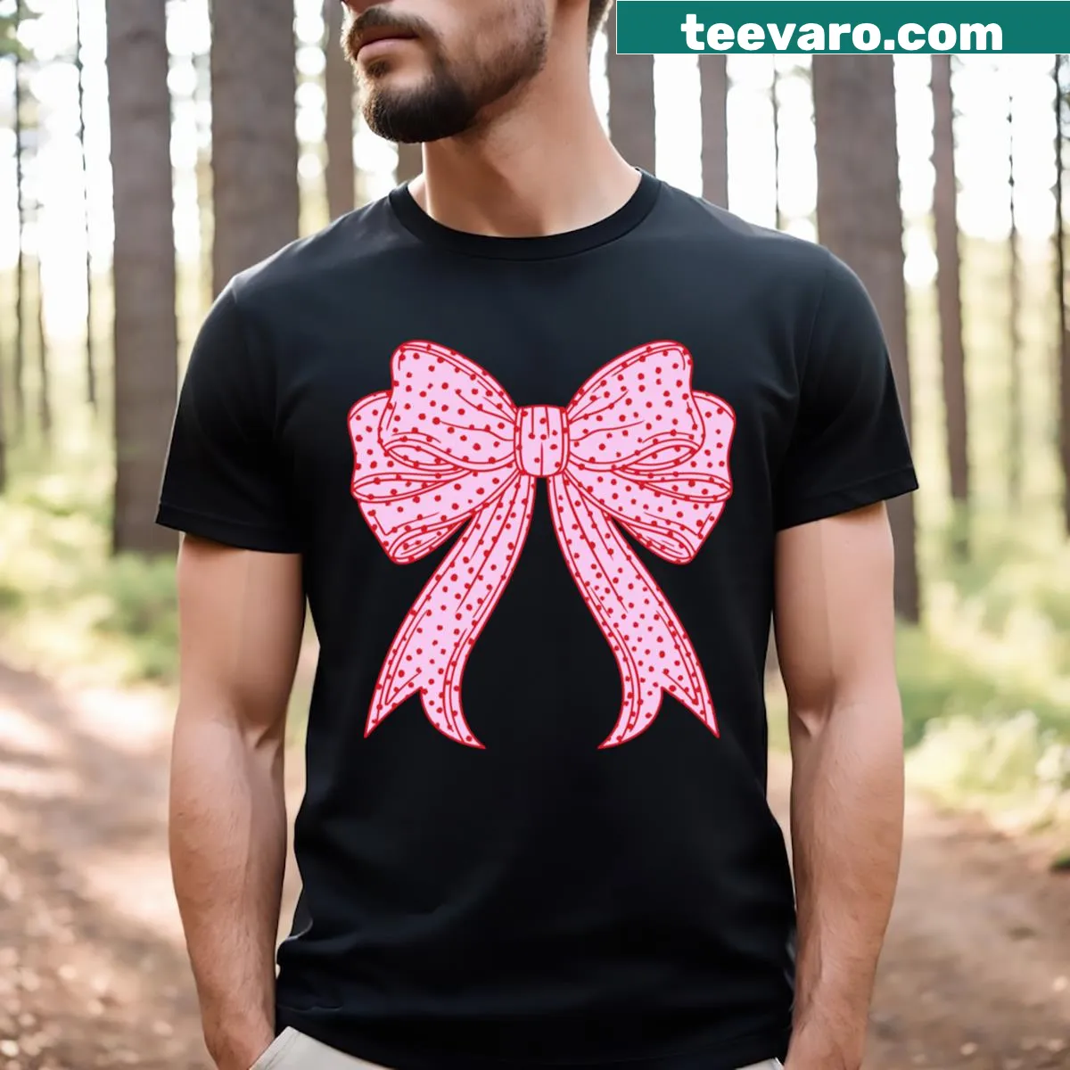 Red polka dot bow design on cute t-shirt — on a men's t-shirt