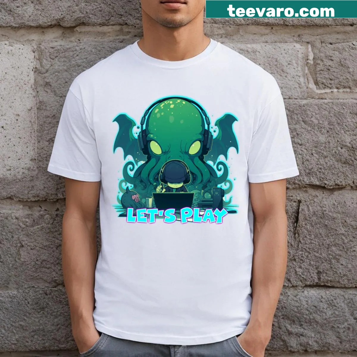 Kawaii T-shirt featuring Cthulhu and the phrase 'Let's Play' — on a men's t-shirt