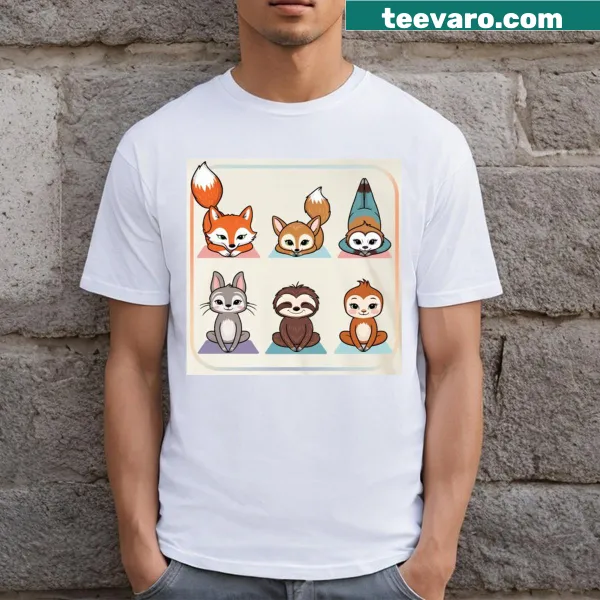 Illustration of cute animals performing yoga poses on a t-shirt.