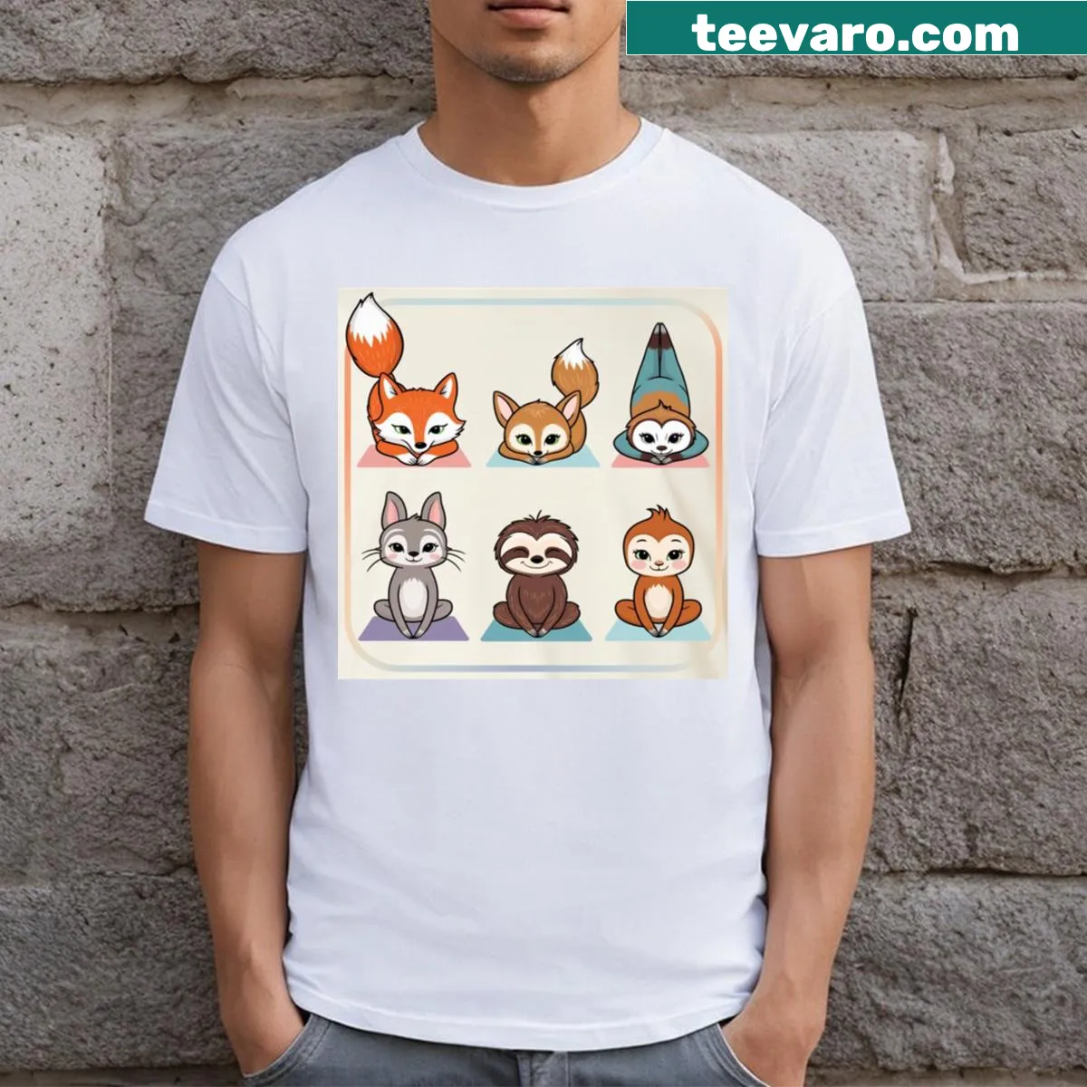 Illustration of cute animals performing yoga poses on a t-shirt. — on a men's t-shirt