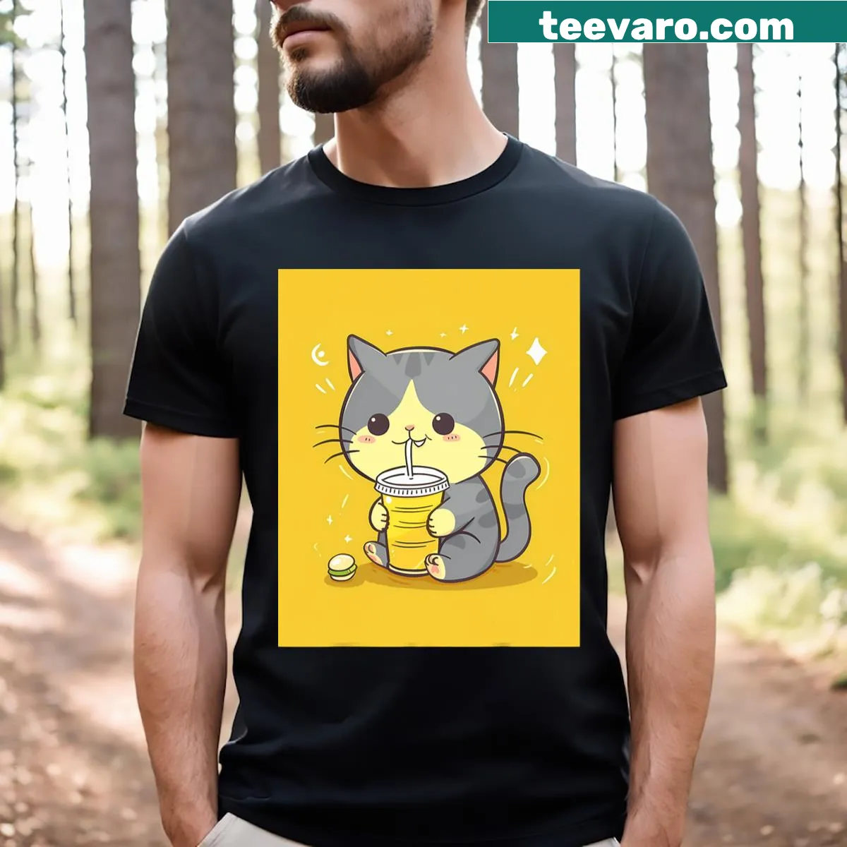 Cute anime cat enjoying tea t-shirt — on a men's t-shirt