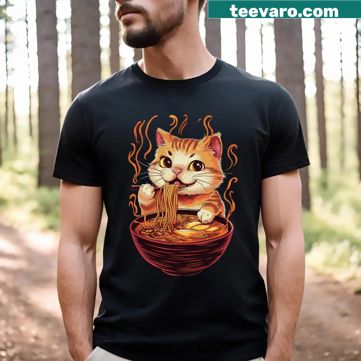 Kawaii T-shirt with a cat enjoying ramen noodles — on a men's t-shirt