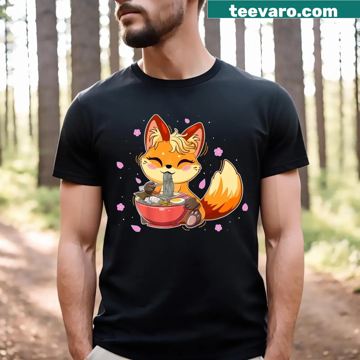 Cute fox eating ramen t-shirt design for teens — on a men's t-shirt