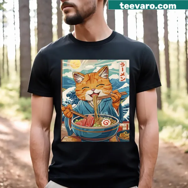 Cat enjoying ramen on a wave-themed t-shirt