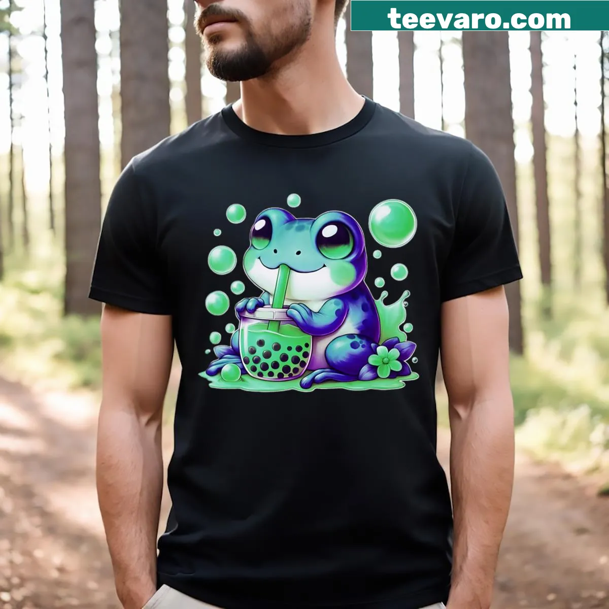 Kawaii frog holding boba tea t-shirt for kids and teens — on a men's t-shirt