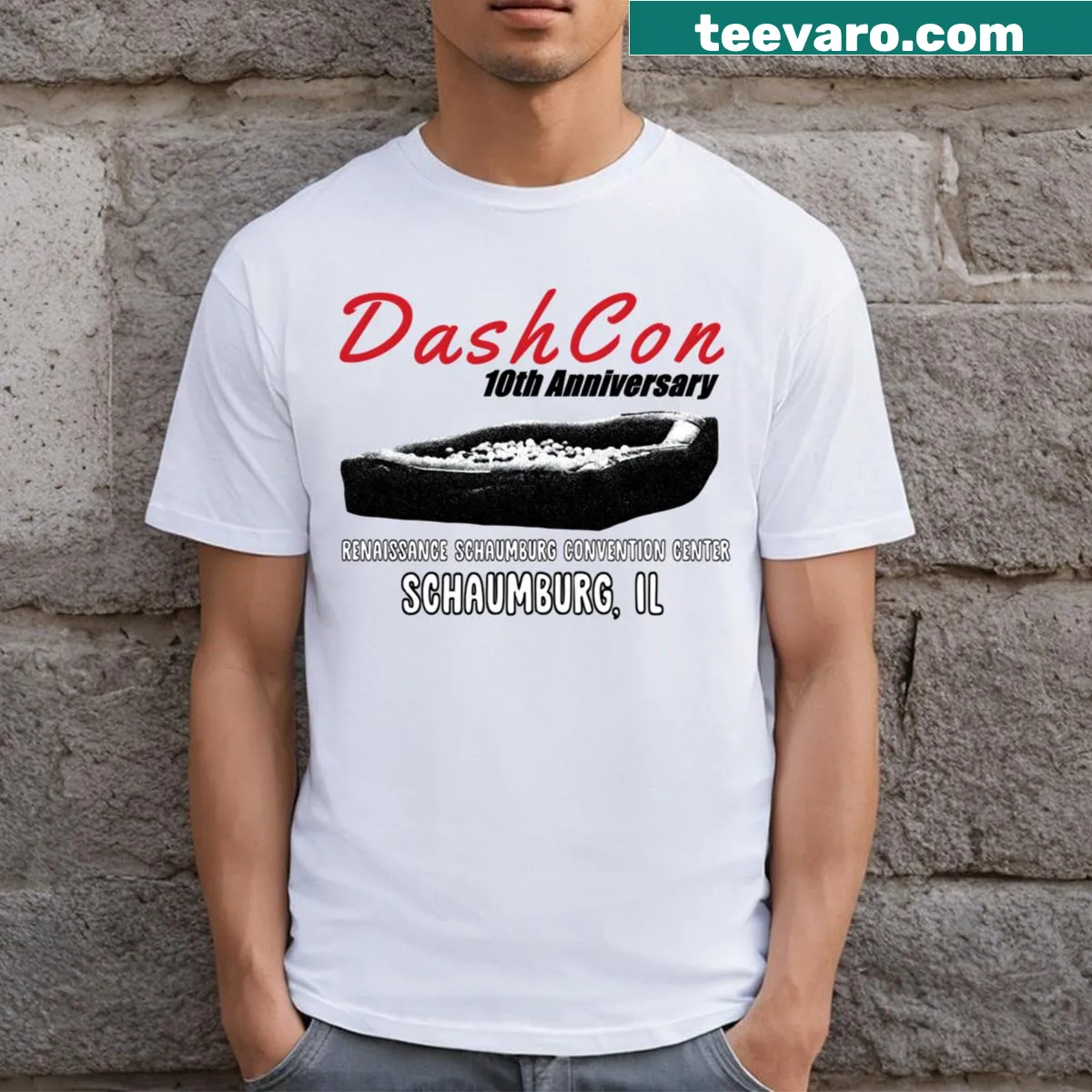 Commemorative Dashcon 10th anniversary graphic on a T-shirt — on a men's t-shirt