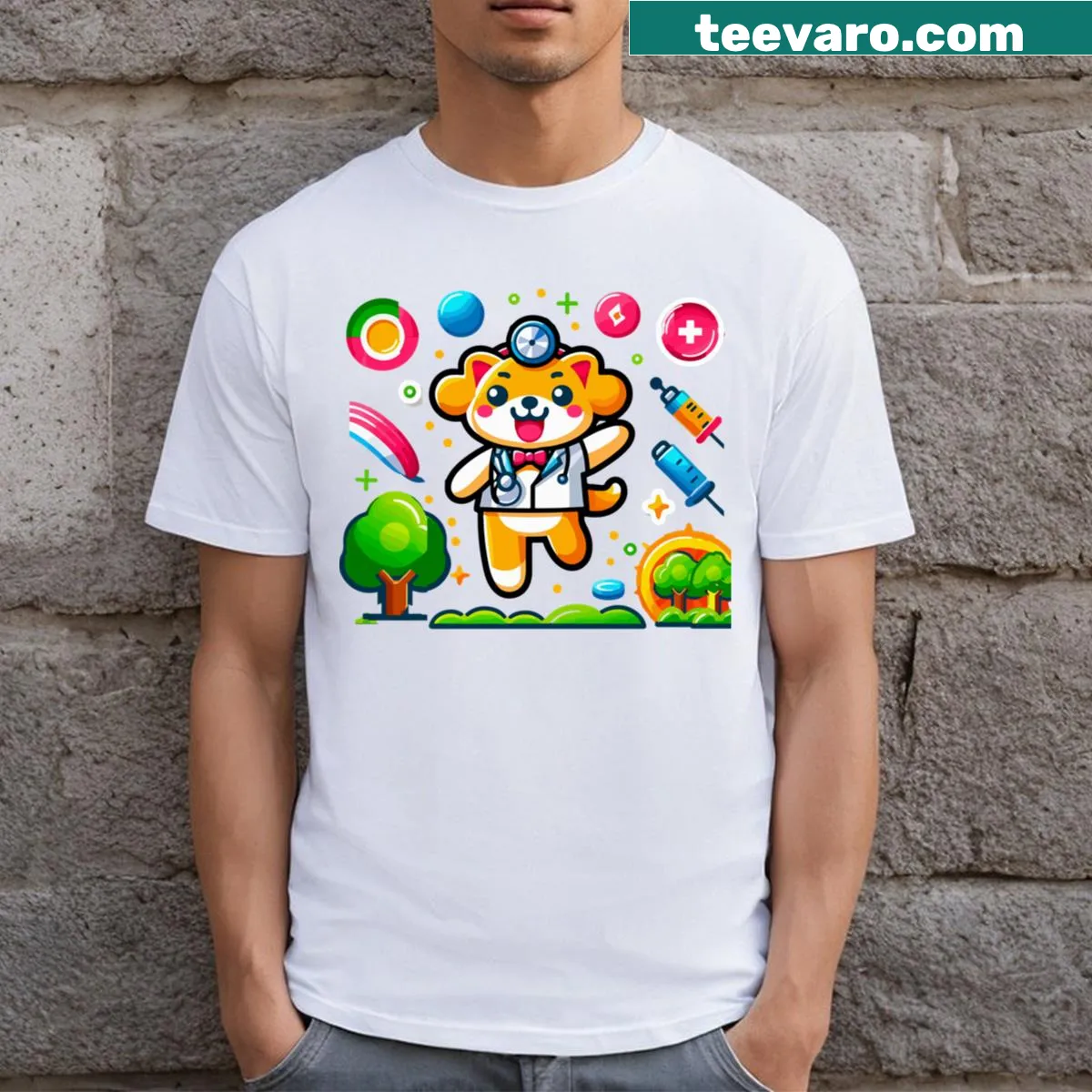 Illustration of a dog dressed as a doctor on a t-shirt. — on a men's t-shirt