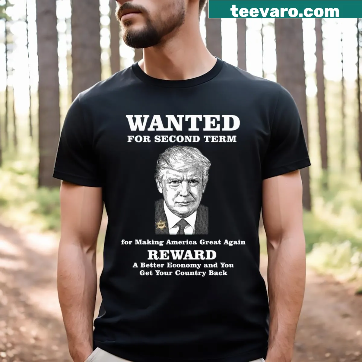 Political Trump Mug Shot t-shirt with bold text — on a men's t-shirt